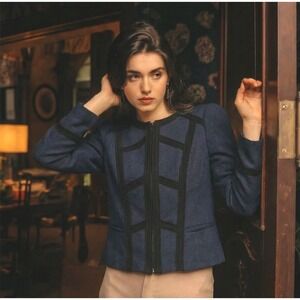 NWT White House Black Market Women's Blue Black Tweed Cropped  Jacket Size 2